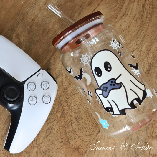 Ghost Gamer - Spooky Halloween Glass Tumbler with Straw (500ml)