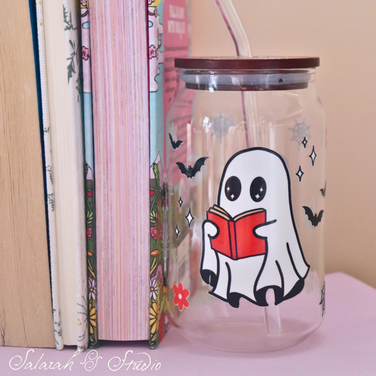 Ghost Reader - Spooky Halloween Glass Tumbler with Straw (500ml)