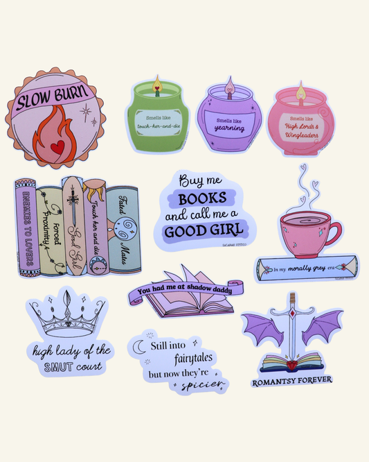 The Romantasy Reader Sticker Pack (11pc) – Glossy or Matte Vinyl + Holographic