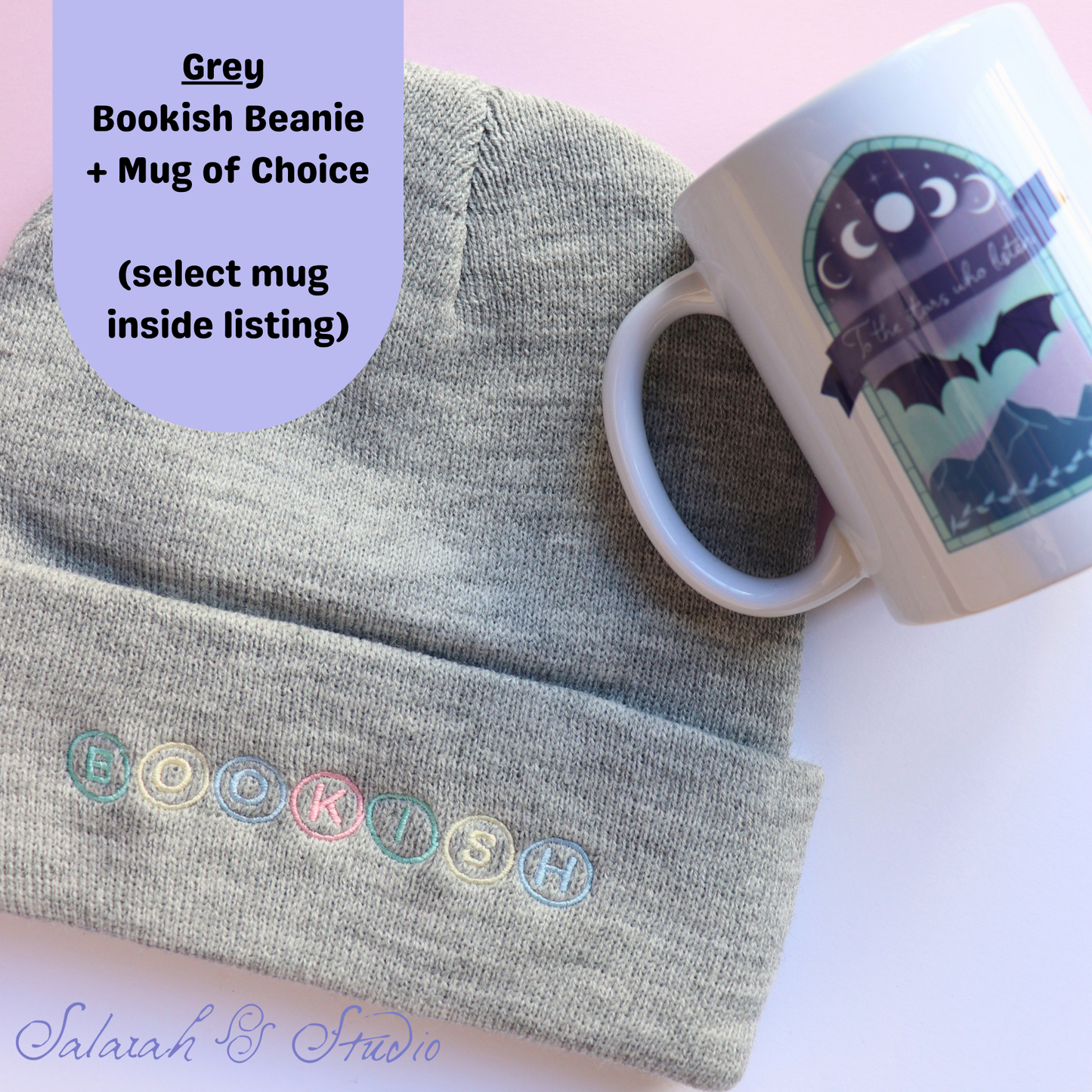 Bundle 2 | Bookish Embroidered Beanie (Grey) + Choice of Mug | Launch Special