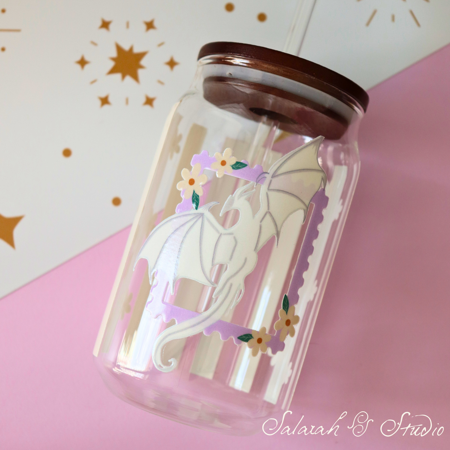 Dragons and Daisies - Glass Tumbler with Straw (500ml)
