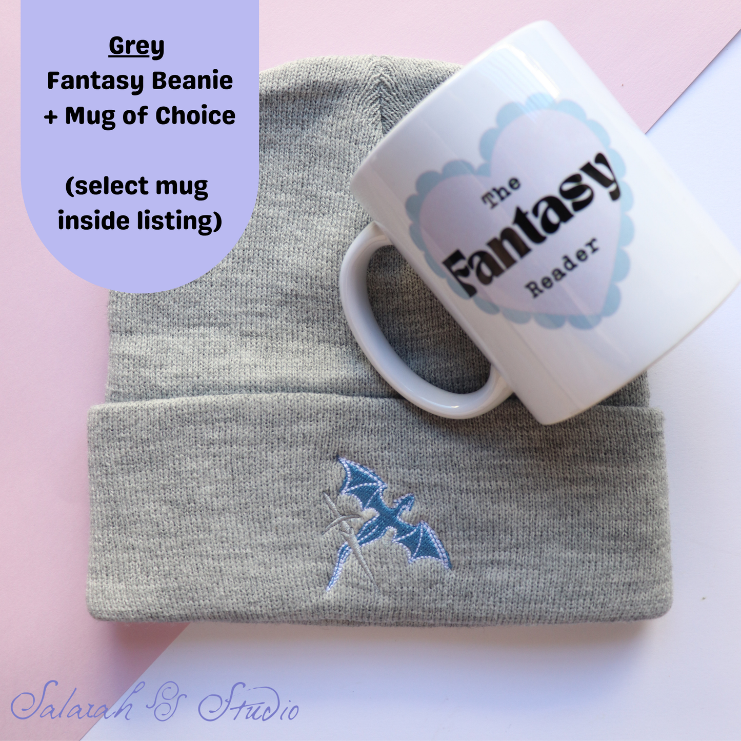 Bundle 8 | Fantasy Dragon Embroidered Beanie (Grey) + Choice of Mug | Launch Special