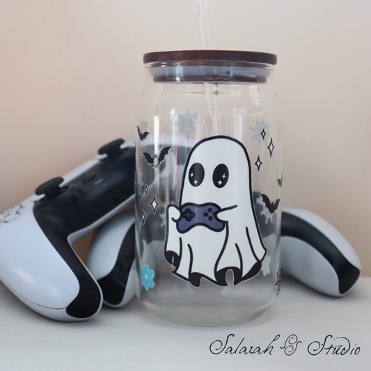 Ghost Gamer - Spooky Halloween Glass Tumbler with Straw (500ml)