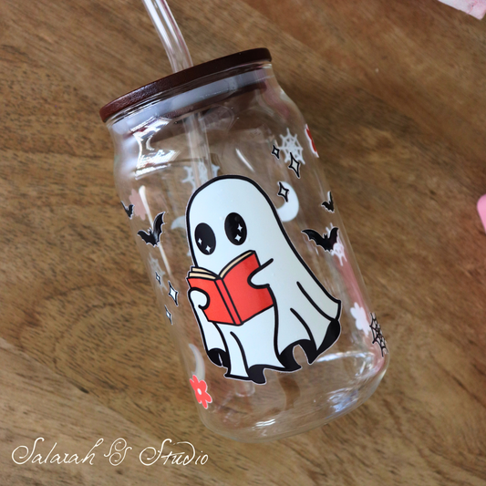 Ghost Reader - Spooky Halloween Glass Tumbler with Straw (500ml)