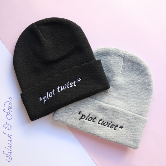 Plot Twist Embroidered Beanie | Funny Book Lover Gift | Black or Grey